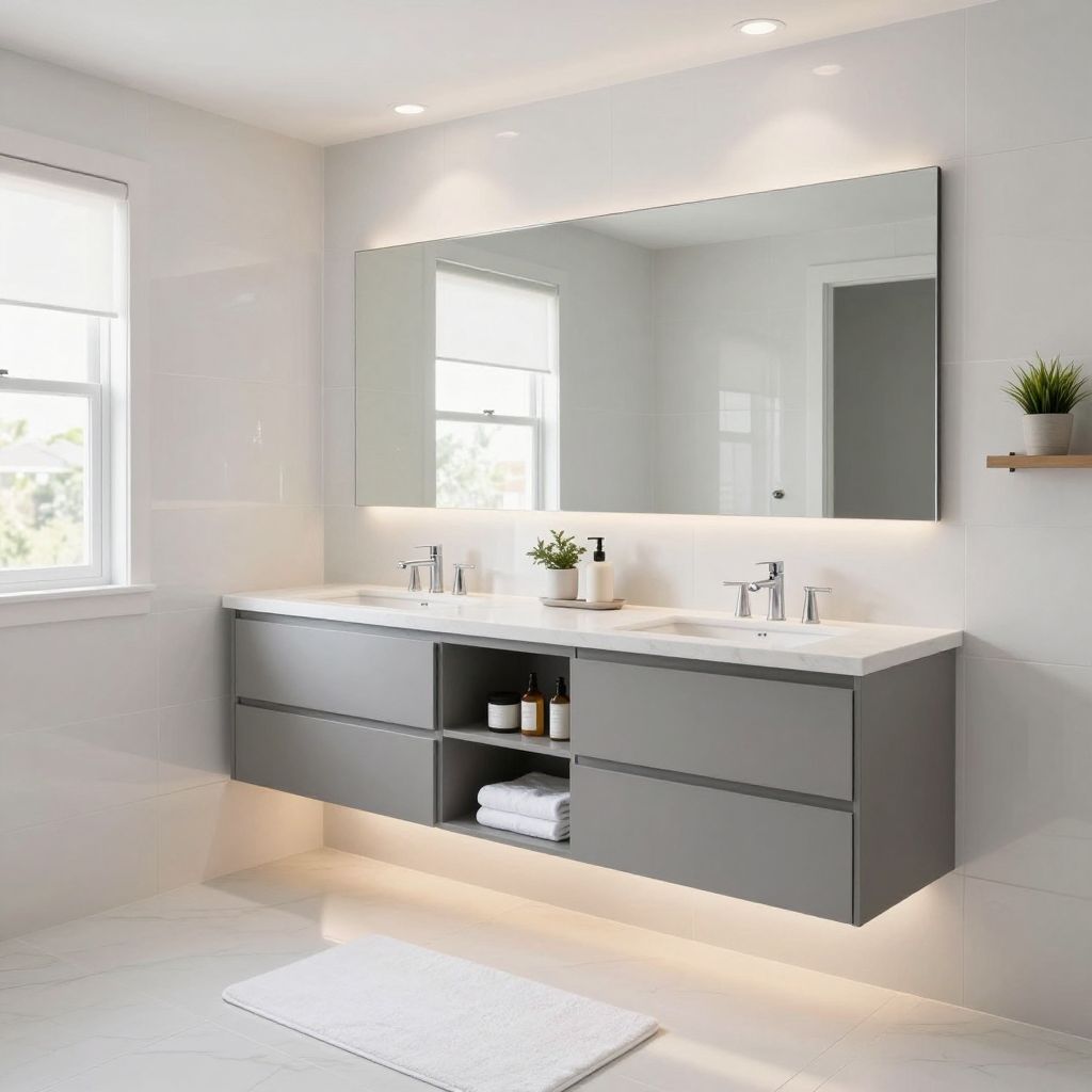Layered bathroom lighting with recessed lights and sconces